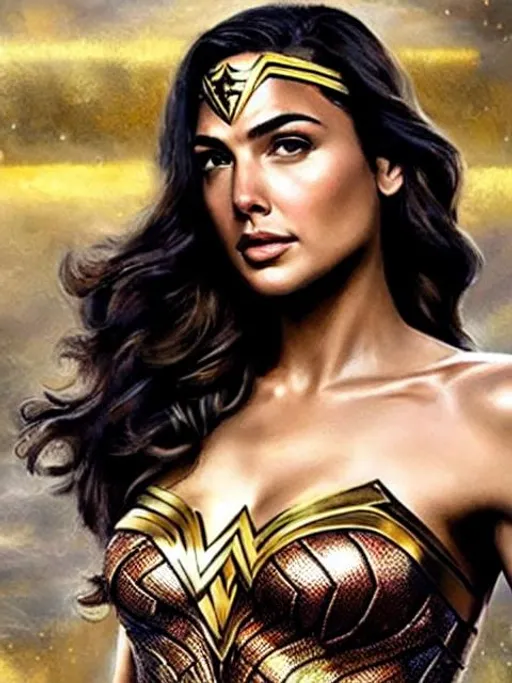 Prompt: Closeup of gorgeous Gal Gadot as Wonder Woman covered in gold and diamonds, Rococo, Hyperdetailed, Delicate; Royo, Bagshaw, Chevrier, Lou Xaz, Ferri, Kaluta, Minguez, Mucha, Simon Dewey, WLOP, Greg Olsen, Artgerm. Cinematic