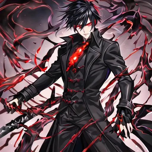 Prompt: Handsome young male, detailed and clear red eyes, a young anime man with black hair, shadows emanating from the obsidian sword, a cold expression, wearing a black trenchcoat, holding an obsidian sword emanating shadows in each of his hands fantasy , clear sparkling red glowing eyes, red eyes, intricately detailed face, black haired assassin with a fringe haircut wearing a black trenchcoat while holding an obsidian sword, intricate, highly-detailed, ultrarealistic face, large landscape, mechanics, dramatic lighting, gorgeous face, lifelike, stunning, anime young man face, short black luxurious hair with a fringe haircut, digital painting, large, artstation, illustration, concept art, smooth, sharp focus, highly detailed painting, looking at viewer, full body, photography, detailed skin, realistic, photo-realistic, 8k, highly detailed, full length frame, High detail, full body art, 

