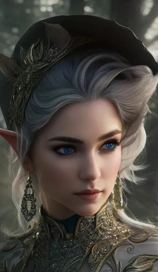 Prompt: Portrait of elf with intricate white hair and with cute face, forest, perfect composition, hyperrealistic, super detailed, 8k, high quality, trending art, trending on artstation, sharp focus, studio photo, intricate details, highly detailed, by greg rutkowski