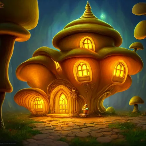 Prompt: Beautiful Serene Astral gold mushroom gnome house with Elaborate Architecture, 4D 8k Resolution, hyperrealism, detailed painting, deviantart, trending on artstation, unreal engine, Cinematic, Beautiful Lighting, Cel-shaded, depth, Arabic