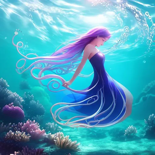 Prompt: She started to spin and was falling deeper and deeper into the sea, at the last moment she tried to catch a rock but she got one of her tentacles stuck also the water flow was too strong. She held as much as she could and but it was too much and she fainted.