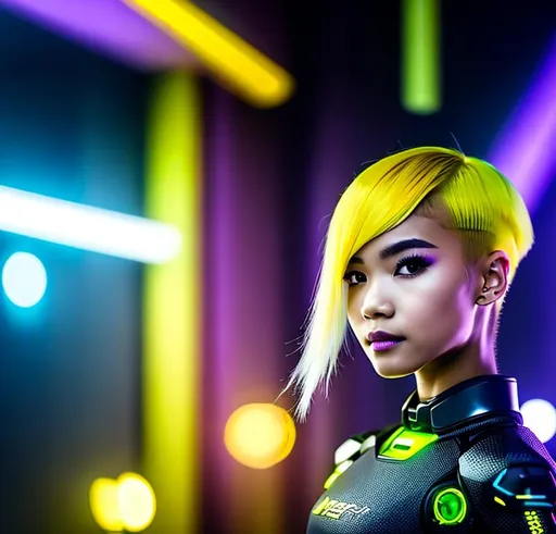 Prompt:  girl with Yellow hair and Cyborg , in the style of futuristic, violet and bronze backdrops, robotic boy, photorealistic costumes, schlieren photography, steanpunk, close-up, Hair, hairstyle to the side, oval face, weight 57kg, height 1.66, 22 years old close-up back view half body, perfect body,  wearing yellow rain jacket and denim shorts in a steanpunk city, hyper realistic details, cinematic lighting, 3d, 8k