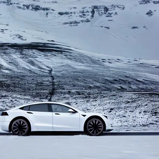 Prompt: A realistic 8k White Tesla S in the middle Iceland lands at a snowy day