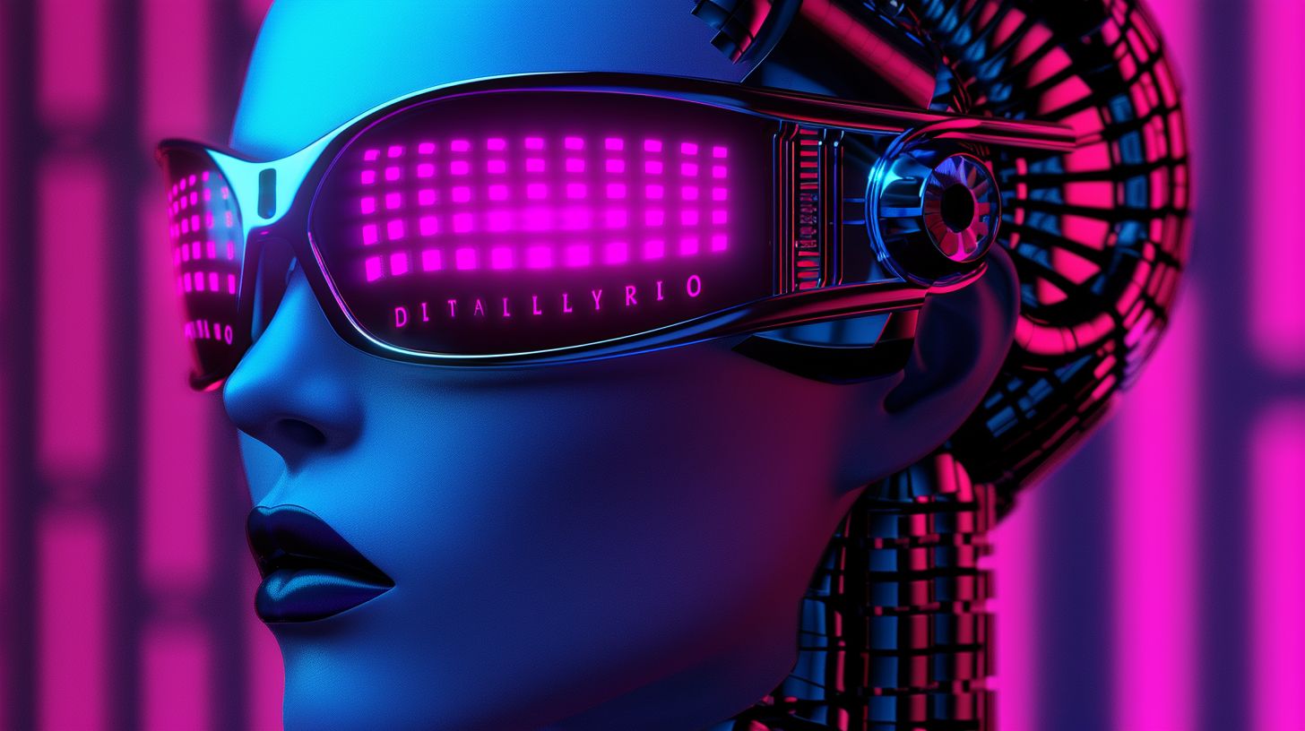 Prompt: female robot in glasses looking at a background, in the style of psychedelic tableaux, intricate costumes, daz3d, mosaic-inspired realism, neon grids, hurufiyya, chromepunk