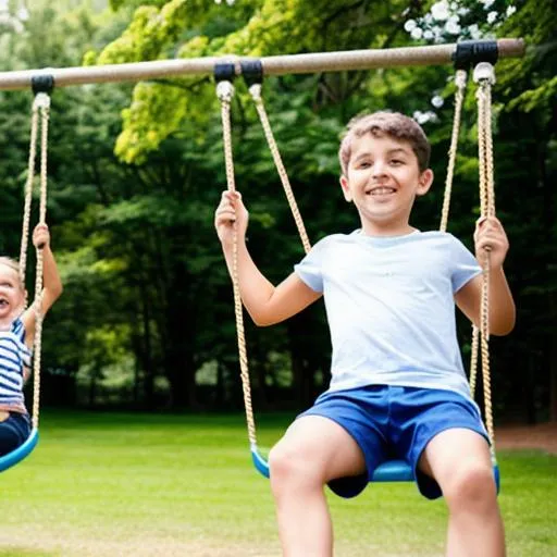 Prompt: a girl and a boy swing on a swing set and smiling
