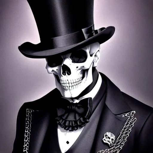 Prompt: evil, fantasy, UHD, 8k, high quality, hyper realism, Very detailed, portrait of an skull man wearing a top hat and a black suit in a dark background