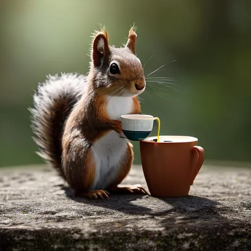 Prompt: squirrel, drinking coffe, tree, table, shadows