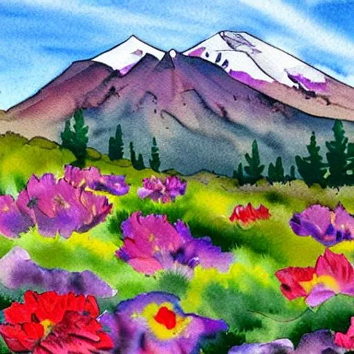 Prompt: Flagstaff arizona watercolor flowers and San Francisco peaks