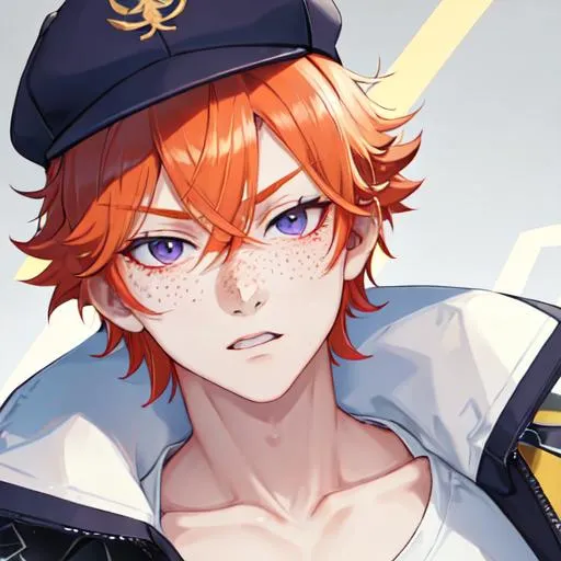 Prompt: Erikku male (short ginger hair, freckles, right eye blue left eye purple) muscular, UHD, 8K, Highly detailed, insane detail, best quality, high quality. wearing a sideways baseball cap, casual outfit