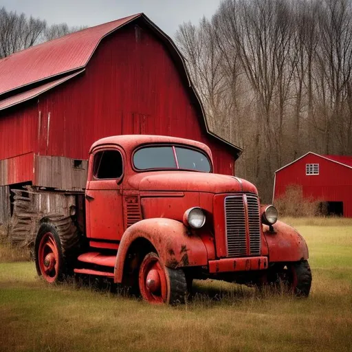 Prompt: Old barn with red truck in front 
