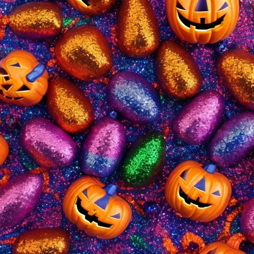 Prompt: Miniature Sequins and Halloween objects in the style of Lisa frank