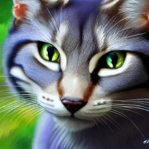 Prompt: Erin hunter, warrior cats, realistic cat, detailed fur, realistic  realistic fur, eye, oil painting, anime, fullbody, forest background, high quality, Spotted fur, dark spots, dark fur.