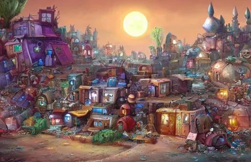 Prompt: quirky village of buildings made of trash, on a desert planet in space, dreamlike, whimsical, fantasy, digital painting