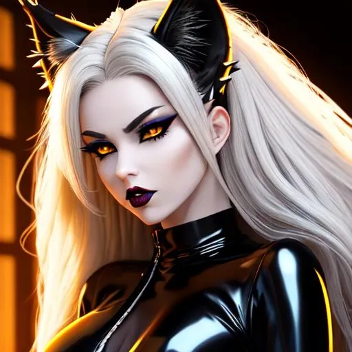 Prompt: demon girl, evil, vicious, vixen, dominatrix, full body pose, black sclera, yellow cat eyes, big gray lynx ears, blonde spiky long loose wild hair, pale skin, sharp jaw, hyperrealistic golden cat eyes, hyperrealistic nose, hyperrealistic lips, ethereal, divine, goddess, black latex outfit, intricate facial detail, high quality, detailed face, intricate quality, hyperrealistic full body pose, hyperrealistic ethereal, highly detailed concept art, high resolution scan, hd octane render, intricate detailed, highly detailed face, unreal engine, trending on artstation, UHD, 8k, Very detailed