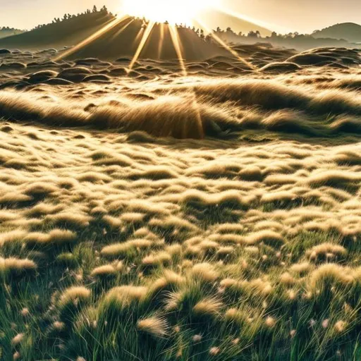 Prompt: gold and white theme grassy plains with white sun