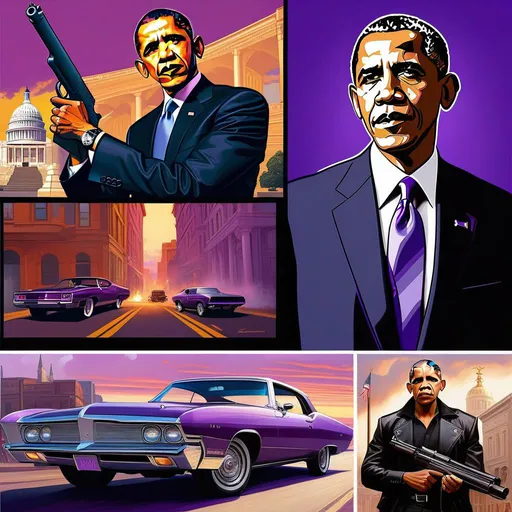 Prompt: Obama in Saints Row, guns, cartoony, purple atmosphere, extremely detailed painting by Greg Rutkowski and by Henry Justice Ford and by Steve Henderson