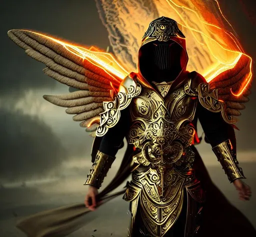 Prompt: Splash art of a beautiful, serious, angel in ornate armor wearing a hood and mask, fire raining from sky cinematic shot, heroic fantasy art, special effects,  HD octane render
