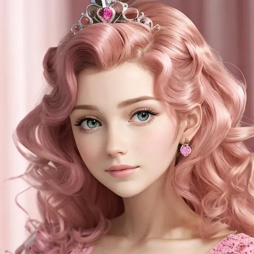 Prompt:  princess wearing pink, curled hair at sides of face, facial closeup