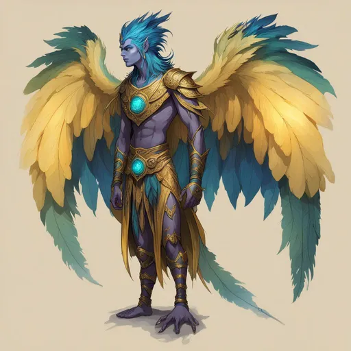 Prompt: concept art of a male elf with feathers on face, feather hair, long tail, blue and purple feathers, glowing tattoos, large wings, sharp claws, golden eyes, peacock feathers. Wearing robe made of feathers. Cliff, forest, jungle, wild.