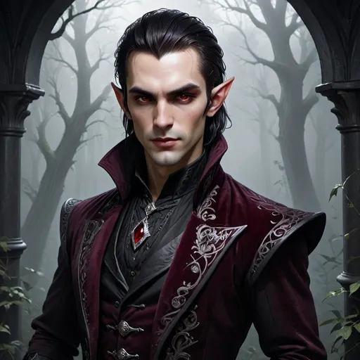 Prompt: Lucian Shadowthorn

Race & Lineage: As a Half-Elf Dhampir, Lucian possesses a blend of elven grace and vampiric allure. His features are finely chiseled, with high cheekbones and slightly pointed ears that hint at his elven heritage.

Complexion: His skin is pale with a subtle luminescence, typical of those touched by vampirism. There's a hint of shadows under his eyes, suggesting sleepless nights or perhaps a nocturnal lifestyle.

Eyes: Lucian's eyes are a deep, piercing silver with a faint crimson hue that becomes more pronounced when he's emotional or hungry. They hold a cunning and calculating gaze, always observing and analyzing.

Hair: He has jet-black hair, silky and straight, falling just below his shoulders. It's usually tied back in a loose, elegant ponytail with a silver clasp adorned with intricate designs reminiscent of his noble lineage.
 
Attire: 
Upper Body: Lucian wears a high-collared, dark crimson velvet coat embroidered with silver thread patterns. The coat has ornate buttons and is tailored to fit him perfectly, emphasizing his lean physique.
Undergarment: Beneath the coat, a black silk shirt with ruffled cuffs peeks out, adding a touch of aristocratic flair.
Accessories: A silver signet ring bearing the Shadowthorn family crest adorns his right hand. Around his neck hangs a pendant with a dark gem that seems to absorb light rather than reflect it.

Expression: His lips are set in a slight, enigmatic smirk, hinting at his deceptive nature. There's a cold confidence in his demeanor, making it clear he's not one to be trifled with.

Background Setting: The portrait's backdrop could feature the ominous edges of the Dreadwood forest, with twisted trees and misty shadows. Alternatively, an opulent room with dark velvet drapes, gothic architecture, and subtle hints of vampiric motifs can emphasize his noble status.

Lighting: A soft, moonlit glow can illuminate Lucian, casting gentle shadows that accentuate his features and add depth to his pale complexion.

Additional Elements: To symbolize his constant dance of deception and ambition, subtle imagery like a chessboard in the background or a raven perched nearby can be incorporated.