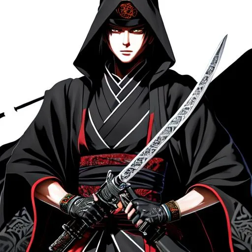 Prompt: Bleach art style, A highly realistic and extremely detailed face full body portrait. Holding a weapon in both hands.Wearing a black cloak over a his vagabond samurai kimono that he wears under and also wearing an intricate patterned bandana on his head and wearing a Cotton Shemagh Tactical Desert Scarf Wrapped on his neck. The character should be modeled after an fantastical Ronin young prince with handsome long, messy, and wavy silvery black hair, thin arched eyebrows, and striking rinnegan eyes. An 18 year old stripling male character from Warcraft. The artwork should be created in either 4K or 16K resolution and should be of photo realistic quality."
((Width: 512)), ((Height: 627)))