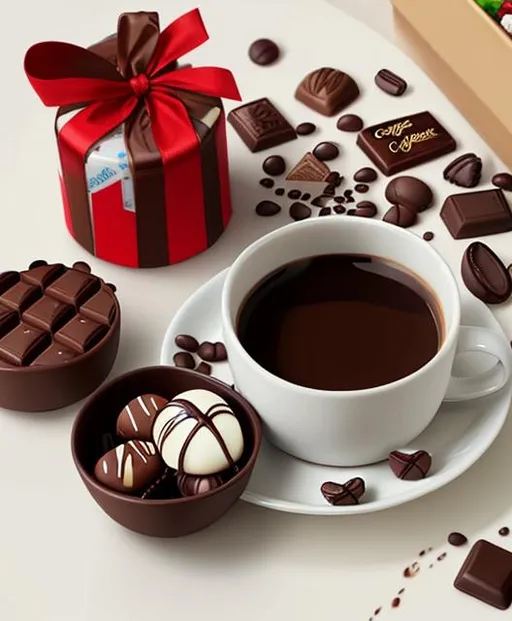 Prompt: coffee mug on the table, chocolates