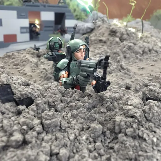Prompt: battle humans soldier watching for danger shooting plasma gun 