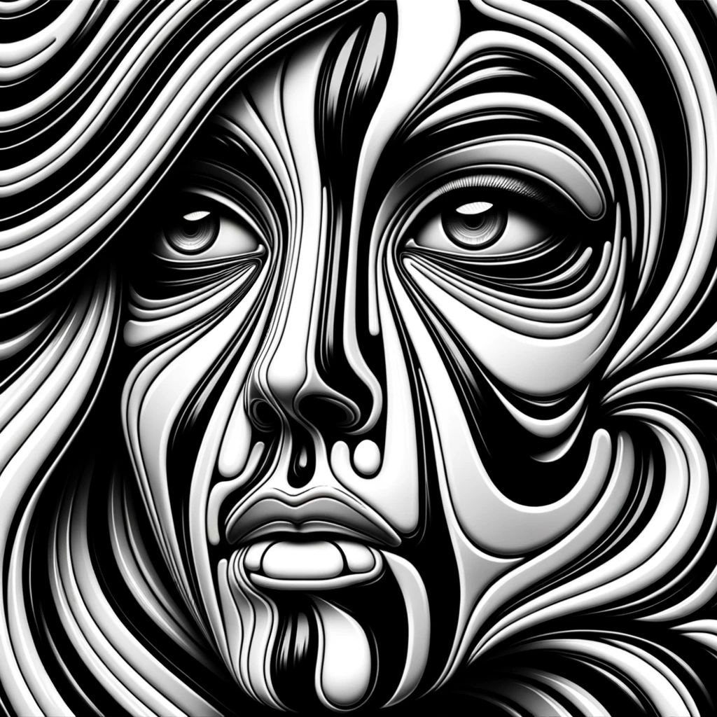 Prompt: Psychedelic Illustration: A close-up of a woman's face, where her skin has the appearance of shiny liquid metal. The face features distinct black and white stripes, reminiscent of zebra patterns. The eyes are highly emotive, capturing a deep sense of emotion. The overall style is influenced by the vibrant and surreal nature of 1960s psychedelic art, with intricate patterns and bold contrasts.