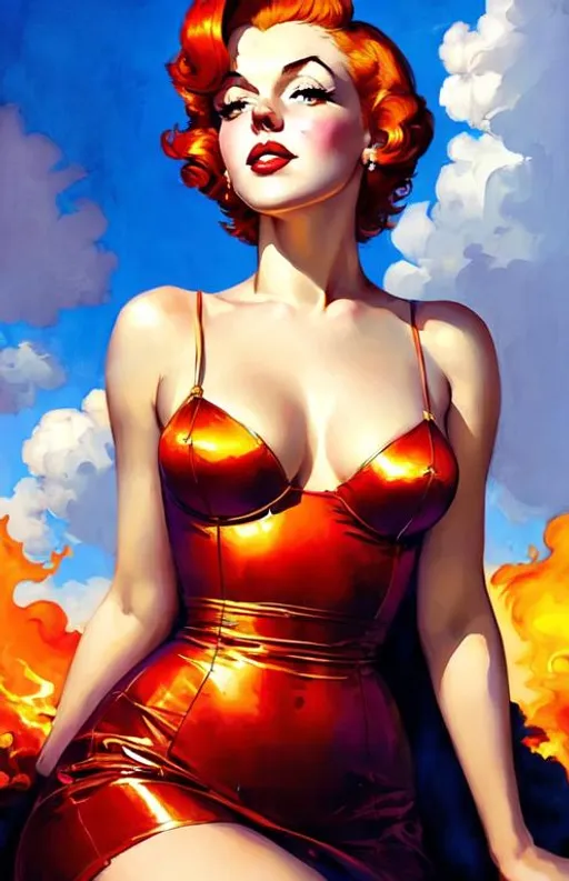 Prompt: Gil elvgren, glossy skin, pearlescent, anime, full body, full body, from above, bunny maid lucie, red hair, marilyn monroe style, doe eyes, fire in the background, big teens


