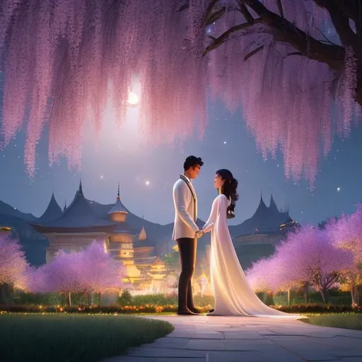 Prompt: a man and a woman underneath a night sky full of bright stars and moonlight that is illuminating a romantic willow tree on a hill that is a perfect dating location, intricate, highly detailed, digital painting, artstation, concept art, smooth, sharp focus, illustration, unreal engine 5, 8k, art by artgerm and greg rutkowski and alphonse mucha