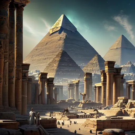 Prompt: World of where ancient Egyptian civilization and futuristic technology converge. The scene showcases a breathtaking view of towering pyramids and sleek, high-tech structures blending seamlessly together. The atmosphere is filled with a sense of mystery and awe. super detailed, 8k,  high quality, The environment is rich with vibrant colors, intricate hieroglyphics,  The scene captures the essence of both ancient history and advanced technology, evoking a sense of wonder and curiosity.  trending on artstation, conceptart, blending the artistic styles of illustration and digital art.  aim to captivate viewers with its attention to detail and masterful execution. 