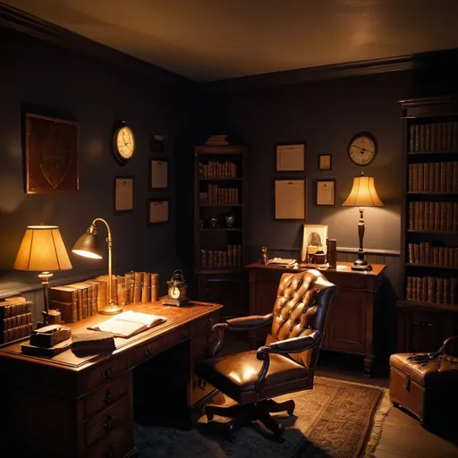 Prompt: A cozy detective’s office with desk with lamps on it, and an armchair, at night.