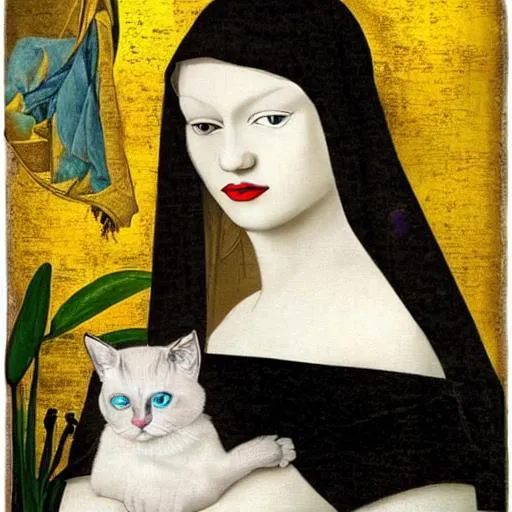 Prompt: white lily, woman holding a black cat, river, black haired woman purple eyes, madonna, gold yellow dress, jungle, vermeer, medieval, botticelli, 