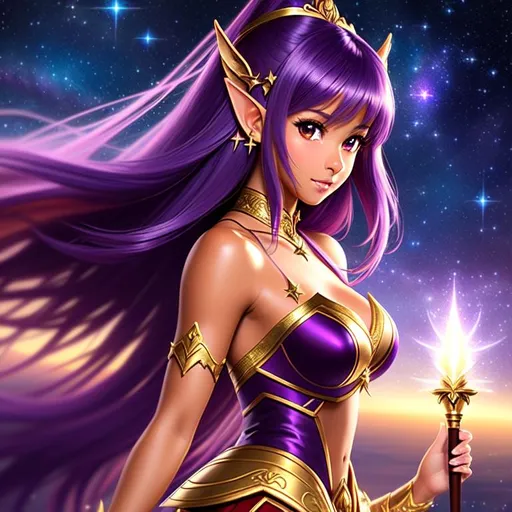 Prompt: {{{{highest quality concept art masterpiece}}}} oil painting, fantasy {{visible textured brush strokes}}, Full Body hyperrealistic intricate perfect full body of tanned attractive cute gorgeous beautiful stunning feminine 18 years old anime like elf girl casting a starlight spell with {{hyperrealistic intricate perfect shoulder length cut, purple beautiful hair}} and {{hyperrealistic perfect clear blue eyes}} and hyperrealistic intricate perfect seductive attractive cute gorgeous beautiful stunning feminine face wearing {{hyperrealistic intricate white and blue priestess leather armor}} soft skin and light blue blush cheeks and scary sadistic mad, face perfect anatomy, perfect composition approaching perfection, hyperrealistic intricate,standing in starlight, anime vibes, fantasy, cinematic volumetric dramatic dramatic studio 3d glamour lighting, backlit backlight, 128k UHD HDR HD, professional long shot photography, unreal engine octane render trending on artstation, triadic colors, sharp focus, occlusion, centered, symmetry, ultimate, shadows, highlights, contrast, 