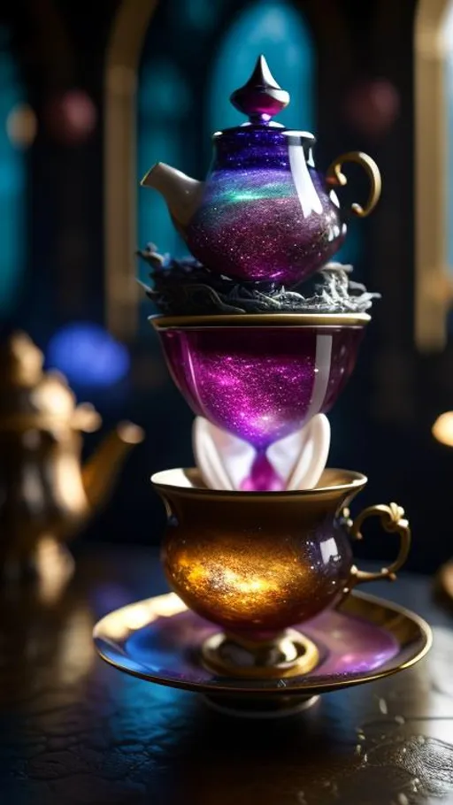 Prompt: A tea cup full and from its steam galaxies are forming, detailed scene, digital painting, hyperrealistic, fantasy, Surrealist, by Ciro Marchetti and Brian Froud, artstation, highly detailed, sharp focus, wide angle shot, sci-fi, stunningly beautiful, utopian, soft bright colours, cinematic lighting, dark