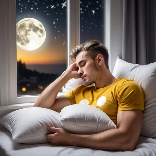 Prompt: Attractive guy with low-fade haircut wearing yallow cotton t-shirt sleeping on a white Pillow, window beside him shows the small moon with the stars lights, 8k, sharp