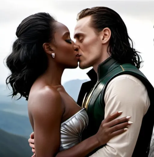 Prompt: Loki kissing a beautiful black woman wearing a silver dress on a mountaintop romance novel style 