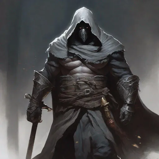 Prompt: Tall, Intimidating, Large, male, Solomon grundy built, black hair,  very dark grey scarred skin, covered in bandages, dark tattered cloth of a cleric of kelemvor that exposes his midriff,  mask with hood that covers his face, large gem inside chest,  Dungeons and Dragons 5th Edition, Path of the Zealot Barbarian, 20 Strength, 18 Constitution, using a very large two handed greataxe.