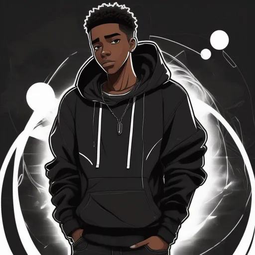 Prompt: Anime Style, African American young teenage male, wearing black hoodie, with black jeans, Pitch black aura with white outline.