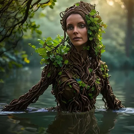 Prompt: Treant woman, (wooden skin:1.3), brown straight vines, (beautiful face made out of vines:1.3), flowers, waist deep in water, by wlop