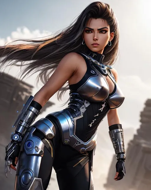 Prompt: Isabela Merced, 17 years old cyborg, wearing silver cybernetic ninja gear, sleeveless, determined, fierce, hero, dirty, dramatic, human, cinematic lighting, caustic, in outdoor villiage,  ethereal, jewelry set balayage wild hair, brown eyes, ethereal, jewelry set,stunning, royal vibe, highly detailed, digital painting, Trending on artstation , HD quality, tan skin,artgerm, by Ilya Kuvshinov