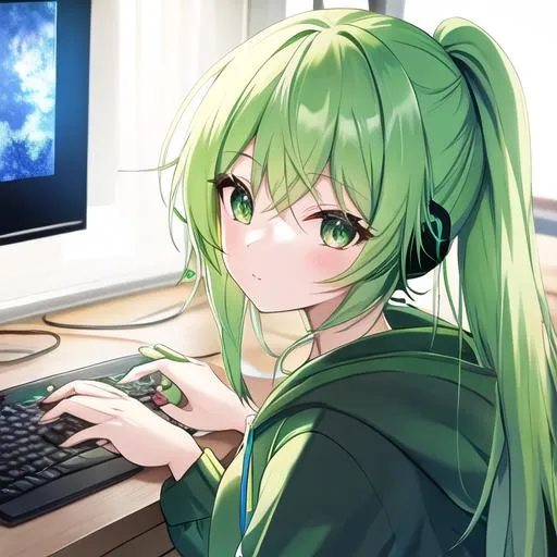 Prompt: Green hair, hd, fantasy, 8k, green eye, beautiful, cool girl, flat, hoodie, with light green headphones, watching anime on a computer