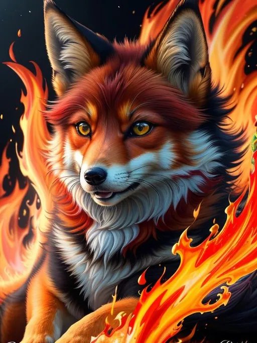 Prompt: (8k, 3D, UHD, highly detailed, hyper detailed, masterpiece, detailed oil painting) portrait of (fire elemental:0.4), ((fox)), (canine quadruped), adolescent, silky crimson-red fur, {yellow-green eyes}, 8k eyes, youthful, lively, lithe, bounding, {black fur highlights}, sharp focus, cinematic, vivid colors, brilliant colors, long silky hair on crest, plump, (rows of pink blossoming sakura trees), umber red mane, wispy brown ears, wispy ruby-red mane, flowers on fur, snow-capped trees, snow on fur, forest, silky bushy tail, billowing mane, professional, unreal engine, dynamic, intricate detail, intricately detailed fur, highly detailed face, best quality, highly detailed mouth, 4k, 16k, 64k, HDR, unreal 5, artstation, deviant art, instagram, trending, perfect composition, symmetric, golden ratio