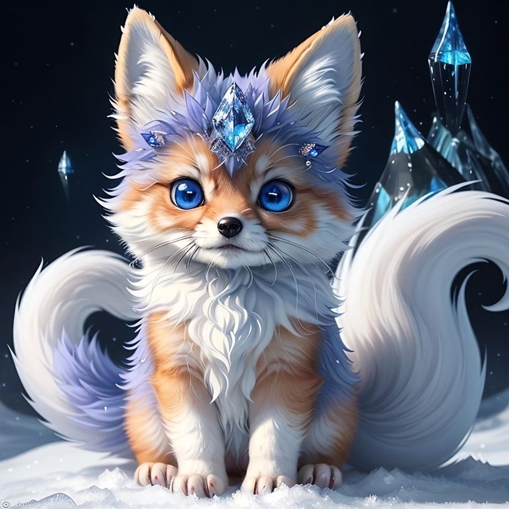 Prompt: (masterpiece, professional oil painting, epic digital art, best quality:1.5), insanely beautiful tiny ((fox kit)), (canine quadruped), ice elemental, silky silver-blue fur covered in frost, timid, alert crystal blue eyes, gorgeous 8k eyes, fluffy silver neck ruff covered in frost, two tails, (plump), enchanted, magical, finely detailed fur, hyper detailed fur, (soft silky insanely detailed fur), moonlight beaming through clouds, lying in frosted meadow, grassy field covered in frost, cool colors, professional, symmetric, golden ratio, unreal engine, depth, volumetric lighting, rich oil medium, (brilliant auroras), (ice storm), full body focus, beautifully detailed background, cinematic, 64K, UHD, intricate detail, high quality, high detail, masterpiece, intricate facial detail, high quality, detailed face, intricate quality, intricate eye detail, highly detailed, high resolution scan, intricate detailed, highly detailed face, very detailed, high resolution