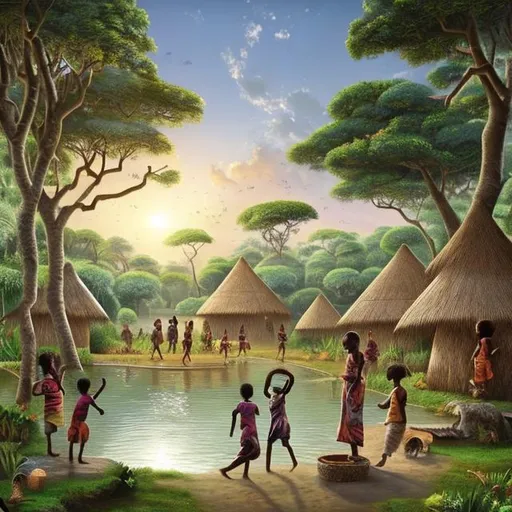 Prompt: artwork capturing the everyday life in an African village. The artwork should feature an African woman frying food outside her hut, with a group of joyful children playing around her. The scene is set against a backdrop of lush forest trees, enveloping the village in natural beauty. Enhance the atmosphere by incorporating a hyper-realistic sparkling lake nearby, reflecting the surrounding environment. Pay attention to the cultural details, such as the woman's traditional clothing and cooking utensils, celebrating the rich heritage of the African community. Use warm and earthy tones to depict the village and its inhabitants, while using vivid colors to bring life to the forest, lake, and playful children. Let the artwork radiate with a sense of joy, simplicity, and the harmonious coexistence of humans and nature in this serene African setting.