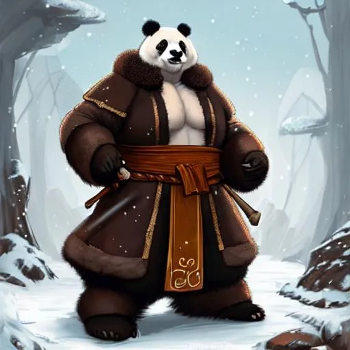 Prompt: big panda warrior, monk, in long brown furry coat, in winter environment, in dnd style, dungeons and dragons