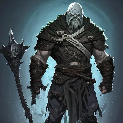 Prompt: chibi, Tall, Intimidating, Large, male, Solomon Grundy/goliath DnD build, black hair, very dark grey scarred skin, covered in bandages, dark tattered cloth armor exposes his midriff, hood of magical darkness mask like Xûr, Agent of the Nine in destiny, large red gem between pecs in chest, Path of the Zealot Barbarian, Strong, wielding large two-handed great-axe, Fantasy setting,