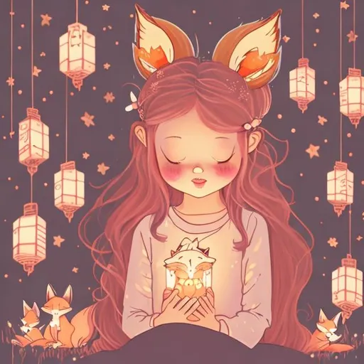 Prompt: little girl with rose gold pinkish hair and fox ears cradling a fox with lanterns colorful storybook illustrations 