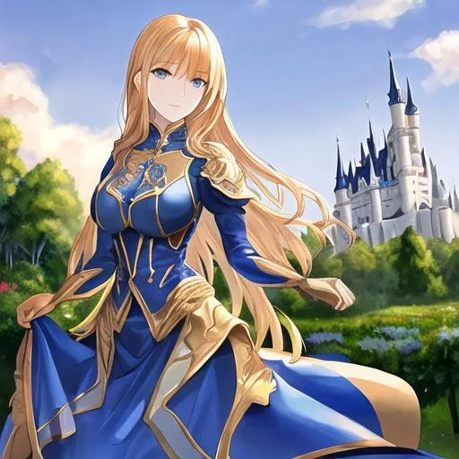 Prompt: Portrait of woman golden hair in blue dress, castle background 
