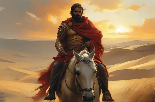 Prompt: (20 years old Carthaginian man on horseback), Punic dress, (historical scene), (1st century era), vast desert landscape in background, golden dunes under a warm sunset, soft brushstrokes for painting style, immersive and dramatic ambiance, earthy tones accentuated with vibrant contrasts, (masterpiece), (high quality, ultra-detailed).
